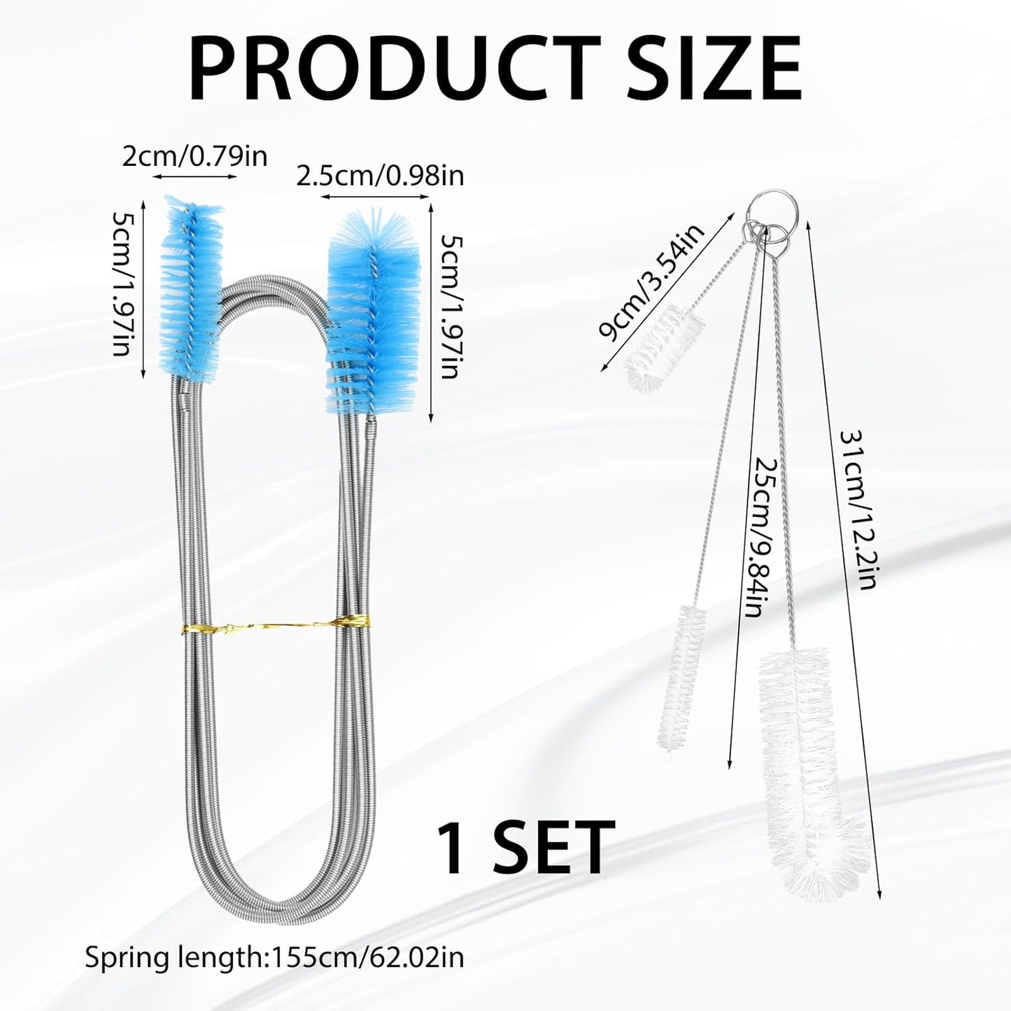 79” Flexible Pipe Cleaner Brush Set, Dual-Ended and Extra-Long Stainless Steel Cleaning Tool for Homeowner Mechanics Clean Sink Refrigerator Coils Shower Drain Plumbing Maintenance Fish-Tank