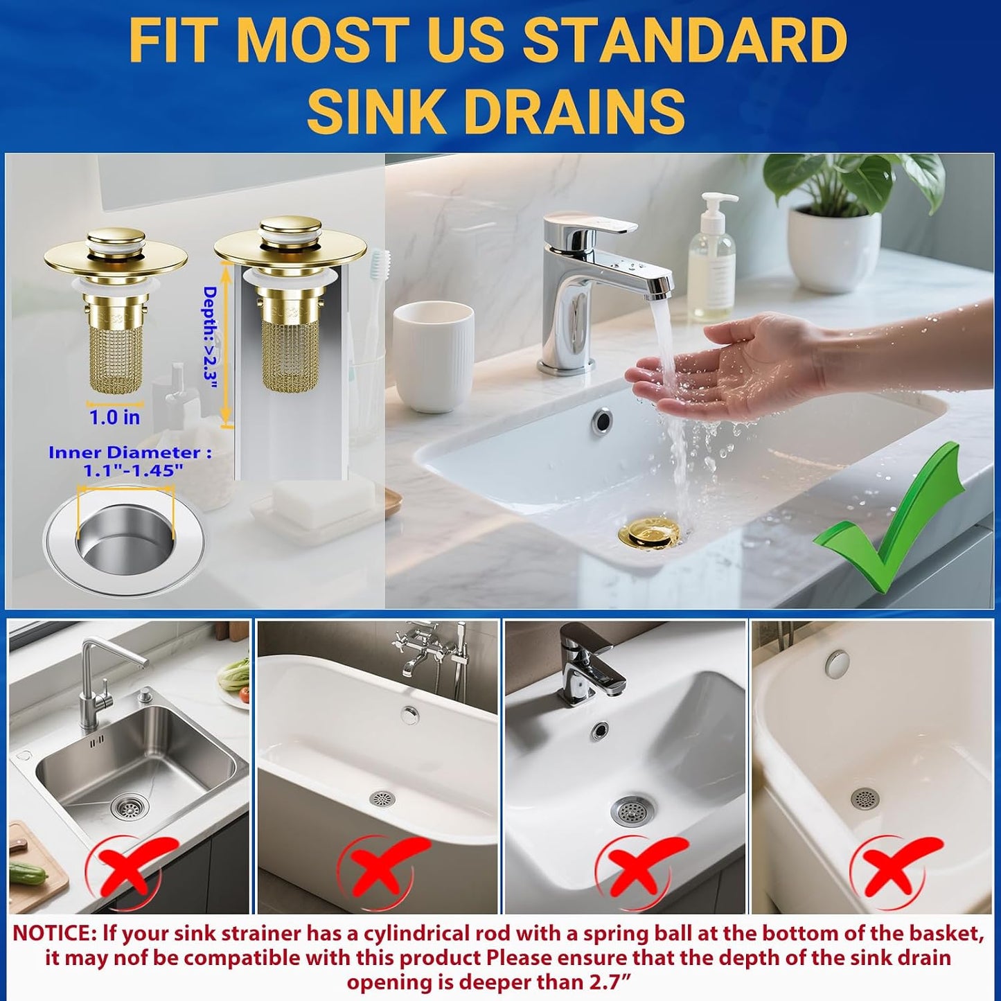 2PCS Bathroom Sink Stopper Strainer, Pop-Up Bathroom Sink Drain Strainer with Removable Stainless Steel Hair Catcher Basket, Universal Fit for US Bathroom Sinks, Bathtubs, Showers & Floor Drains