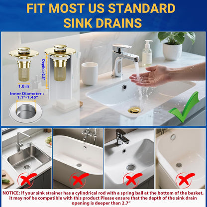 2PCS Bathroom Sink Stopper Strainer, Pop-Up Bathroom Sink Drain Strainer with Removable Stainless Steel Hair Catcher Basket, Universal Fit for US Bathroom Sinks, Bathtubs, Showers & Floor Drains