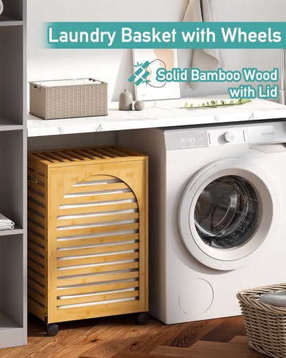 Black Laundry Hamper with Wheels, Laundry Basket with Lid, 22.5 Gallon (85L) Bamboo Wood Clothes Laundry Hamper 2 Section with Handles, Removable Liner