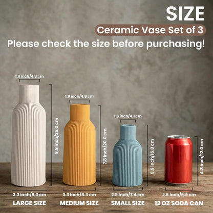White Ceramic Flower Vases Set of 3, Modern Matte Vertical Ribbed, Nordic Minimalist Decor for Pampas, Dried & Fresh Flowers, Centerpiece for Living Room, Shelf, Entryway, Wedding,Office