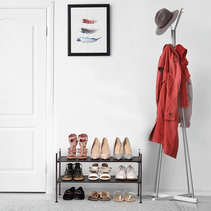 Seville Classics Sturdy Freestanding Storage Shelf for Bedroom, Closet, Entryway, Dorm Room Organizer Stackable Durable Metal Shoe Rack Ash Gray Slat, 3-Tier