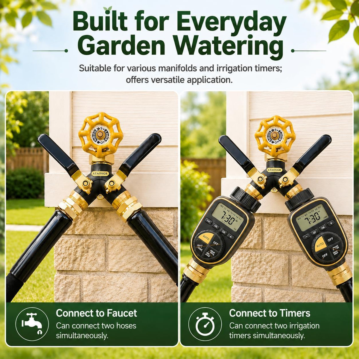 Garden Hose Splitter 2 Way Heavy Duty, Metal Body Water Hose Splitter | with Shut-Off Valve,360° Brass Swivel,3/4'' GHT Connector Full Flow Hose Bib Splitter, For Outdoor Spigot Faucet
