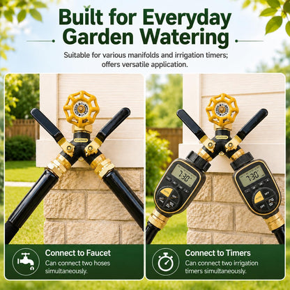 Garden Hose Splitter 2 Way Heavy Duty, Metal Body Water Hose Splitter | with Shut-Off Valve,360° Brass Swivel,3/4'' GHT Connector Full Flow Hose Bib Splitter, For Outdoor Spigot Faucet