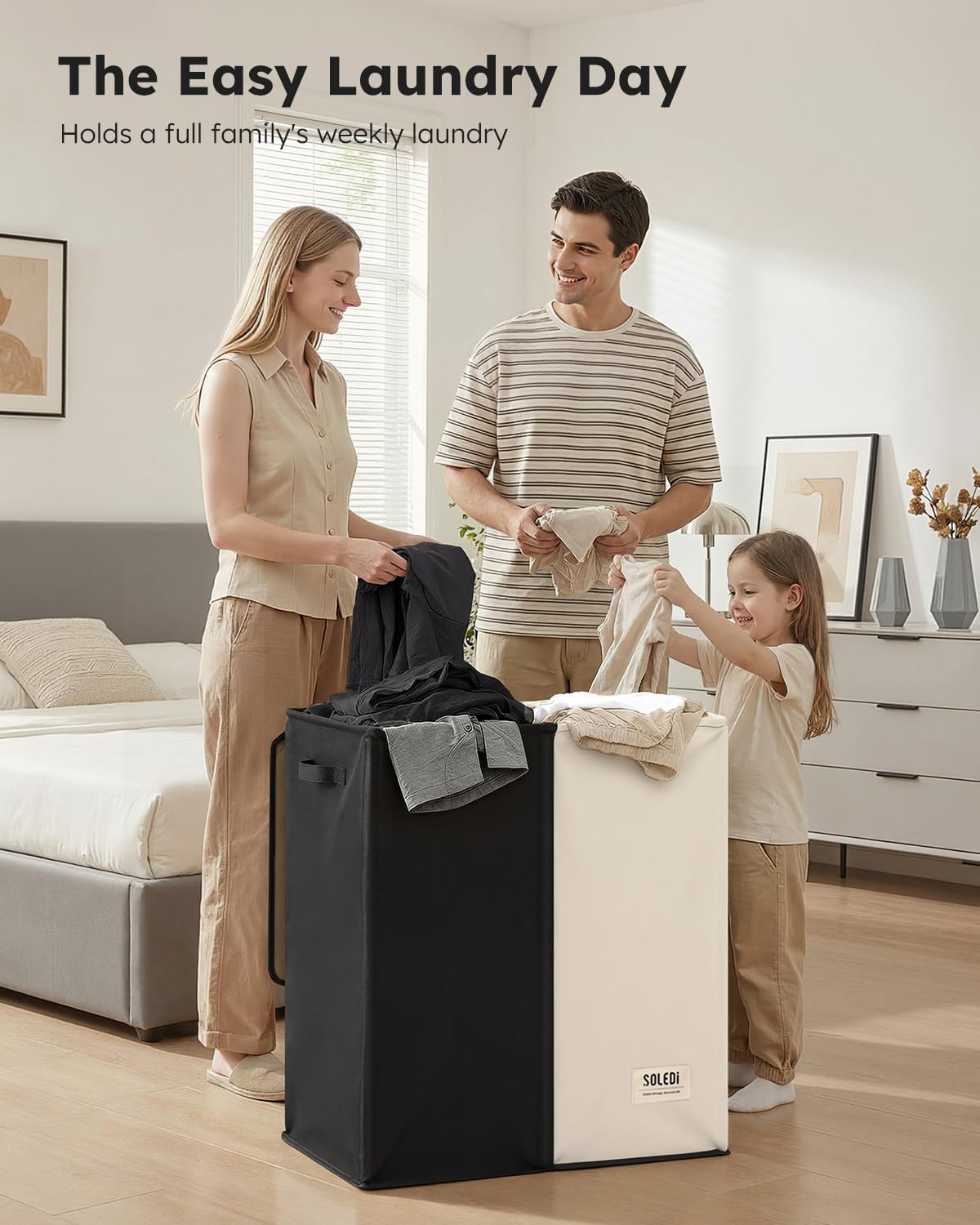 SOLEDI Luxury Double Laundry Hamper with Lid and Removable Bags, 38.3 Gal Large Laundry Bin, Laundry Basket 2 Sections, Collapsible Clothes Hamper for Bedroom, Laundry Room, Bathroom, Off-white