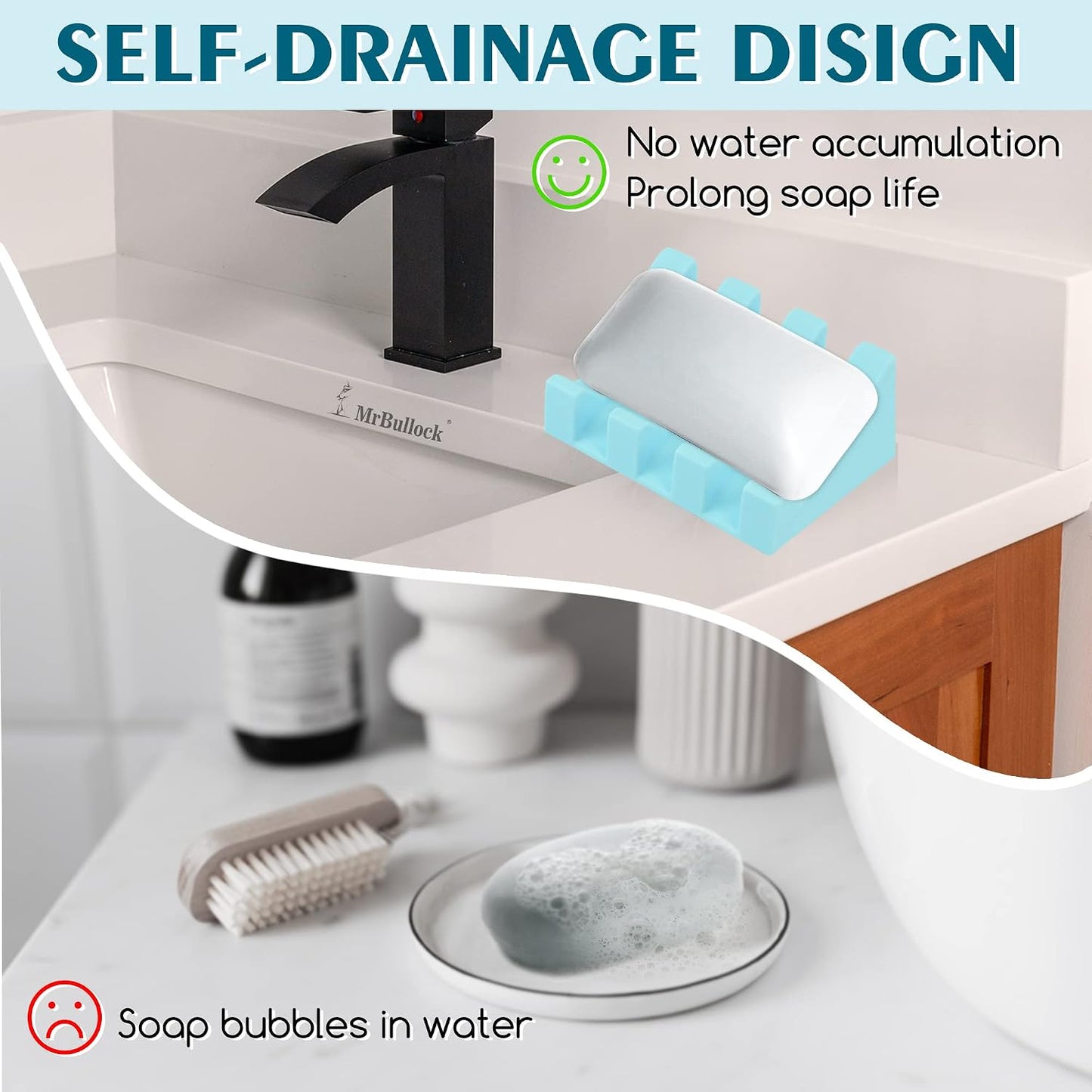 Self Draining Silicone Soap Dish with Suction Cups - Non-Slip Bar Soap Holder for Shower & Kitchen, Waterfall Tray Keeps Soap Dry, Easy Clean, Extends Soap Life (White, 1)