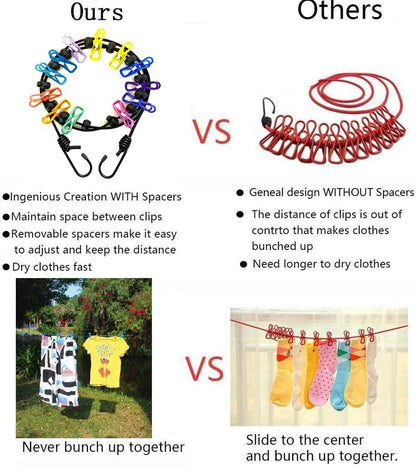 2 Pack Portable Clothesline with 12 Clothespins, Windproof Travel Stretchy Retractable Elastic Laundry Clothes Line for Backyard, Vacation Hotel, Balcony Drying