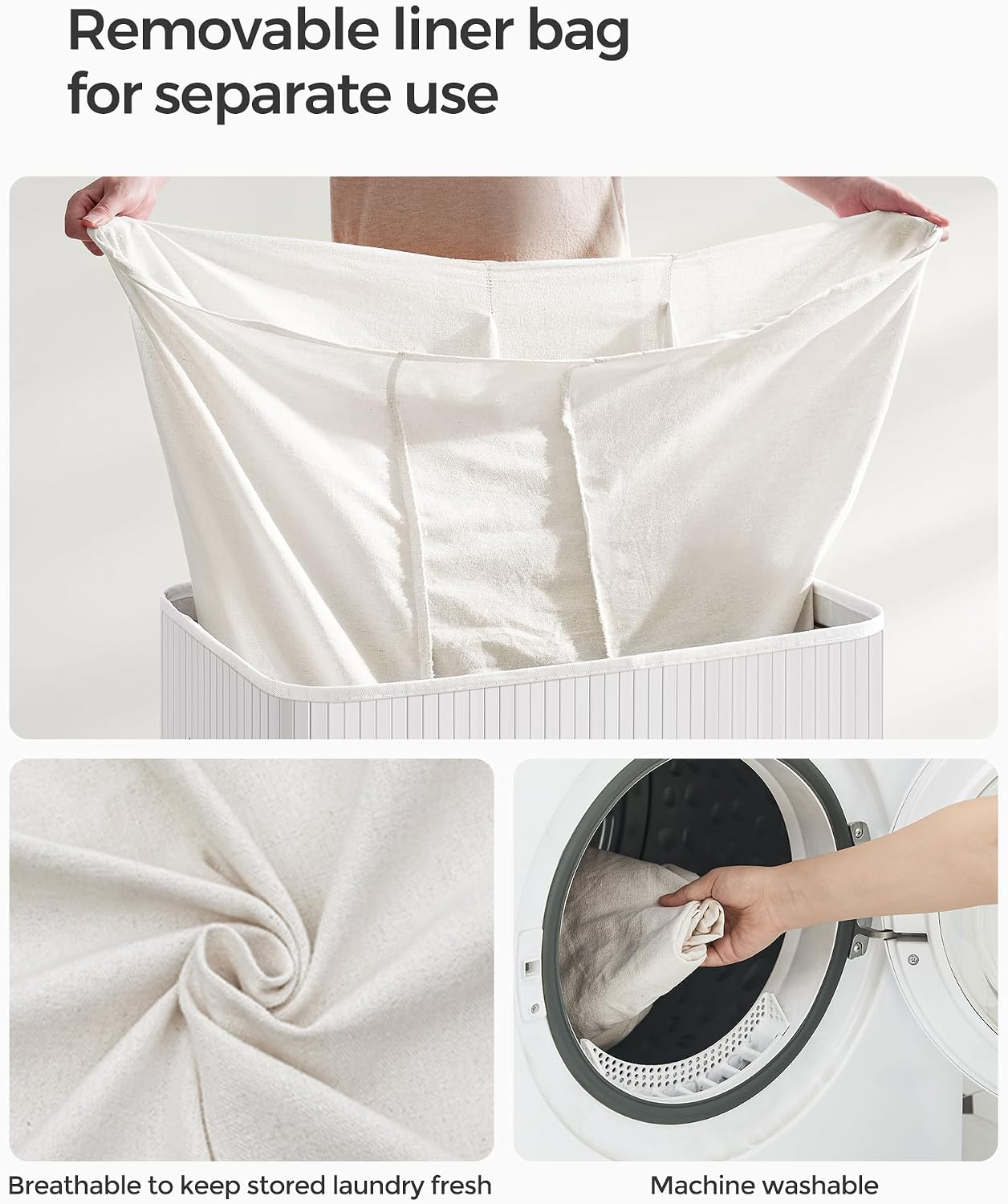 SONGMICS Laundry Hamper, 39.6 Gallons (150L), 3-Section Laundry Basket, Laundry Hamper with Lid, Bamboo, Foldable, Removable and Machine Washable Liner, for Laundry Room, Bedroom, White ULCB091W01