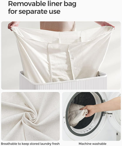 SONGMICS Laundry Hamper, 39.6 Gallons (150L), 3-Section Laundry Basket, Laundry Hamper with Lid, Bamboo, Foldable, Removable and Machine Washable Liner, for Laundry Room, Bedroom, White ULCB091W01