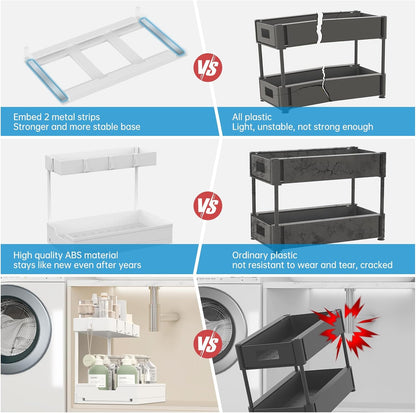 NATURE'S SOURCE 2 Pack Under Sink Organizer 2 Tier Sliding Cabinet Organizers Multi-Purpose Sink Storage Basket L-Shape Narrow Space Storage Shelves with 4 Hook for Kitchen Bathroom Drawer, Black