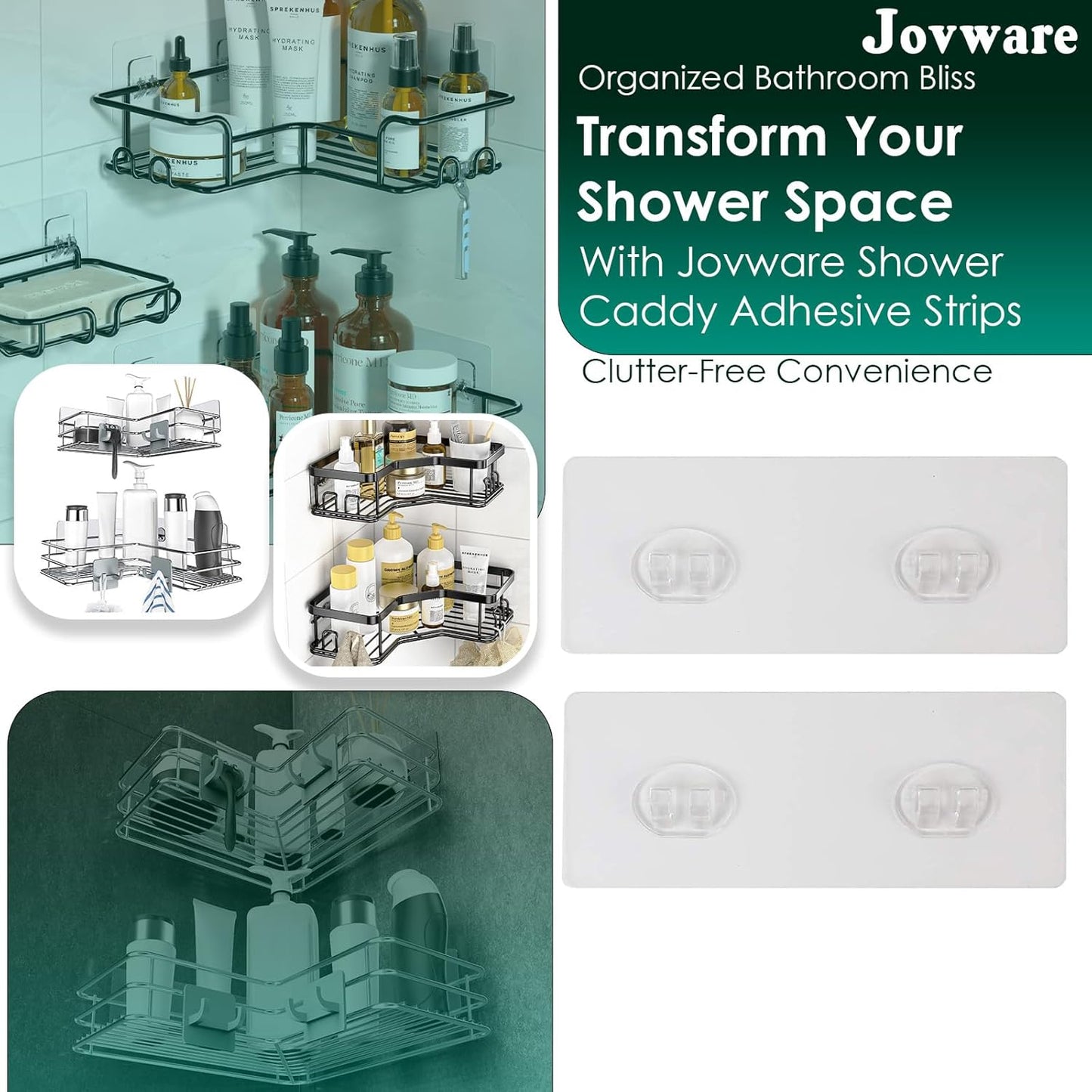 Shower Caddy Adhesive Replacement Stickers Sticker Shelf Basket Strips Suction Hooks Large Strong Hook for Bathroom Storage Corner Transparent Shelves Wall Mount (Transparent - 2 Packs)