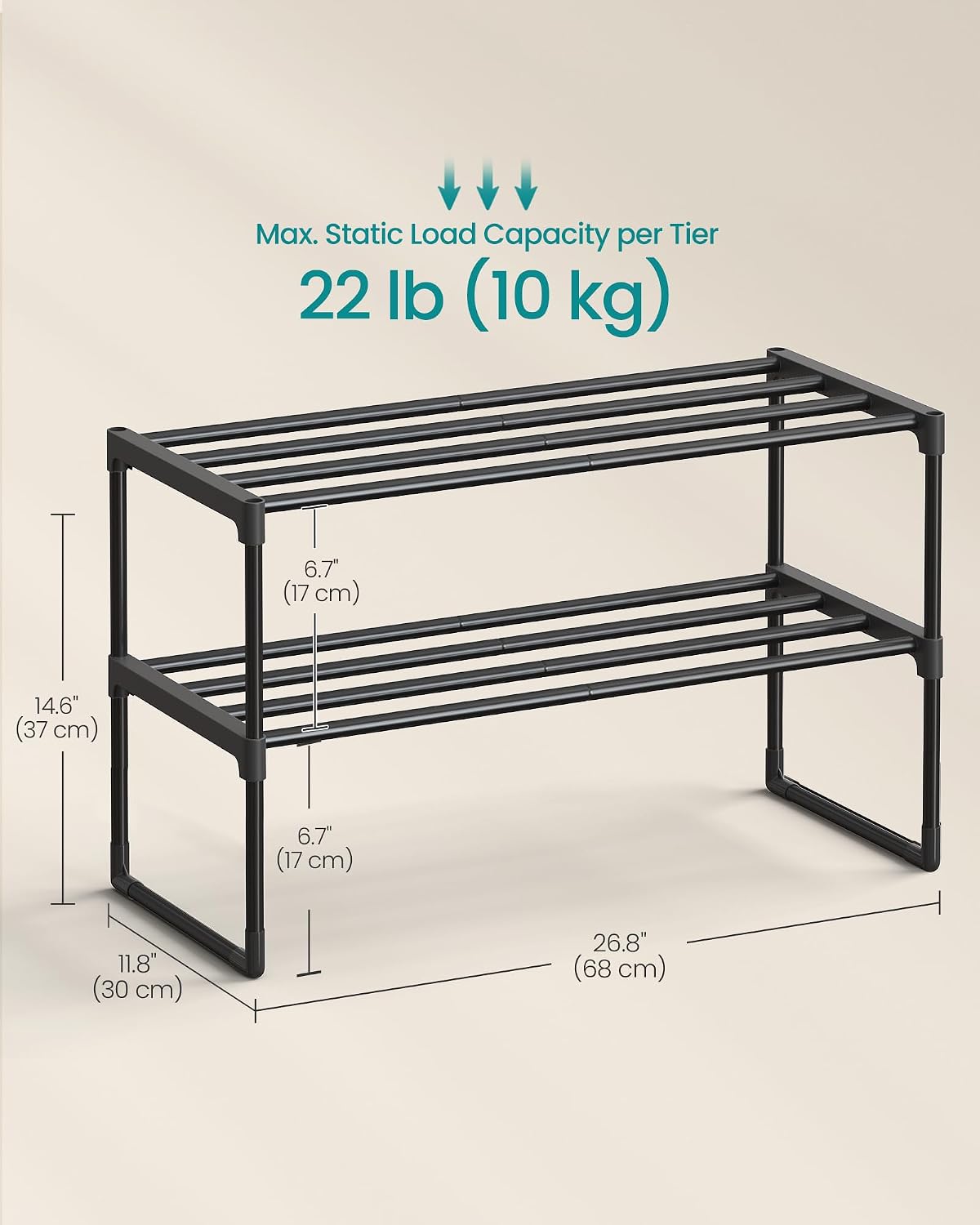 SONGMICS Shoe Rack, 6-Tier Shoe Organizer, Metal Storage Shelf, Upright or Upside Down, for 24-30 Pairs, Stackable, for Entryway, 11.8 x 36.2 x 42.7 Inches, Black ULSA306BH01