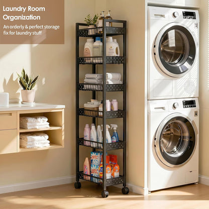 Slim Storage Rolling Cart, 4 Tier Narrow Cart with Wheels, Metal Kitchen Rolling Cart for Small Spaces, Slide Out Storage Shelves for Kitchen, Laundry Room, Bathroom, Living Room, 7.1in(W)