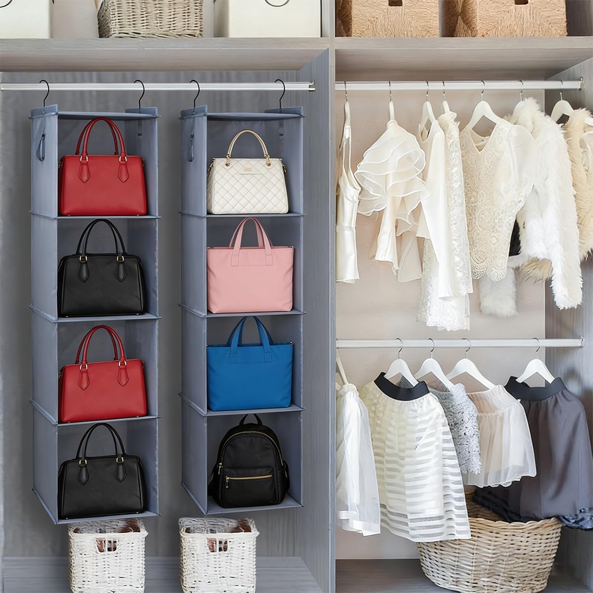Hanging Closet Organizer Storage Shelf Rack Bag Sweater Hat Shoe | 59" Hang Closet Organization Storing Shelves Rack Display for Purse Handbag Clothes Space Saver Oxford Cloth Large Grey 2Pack