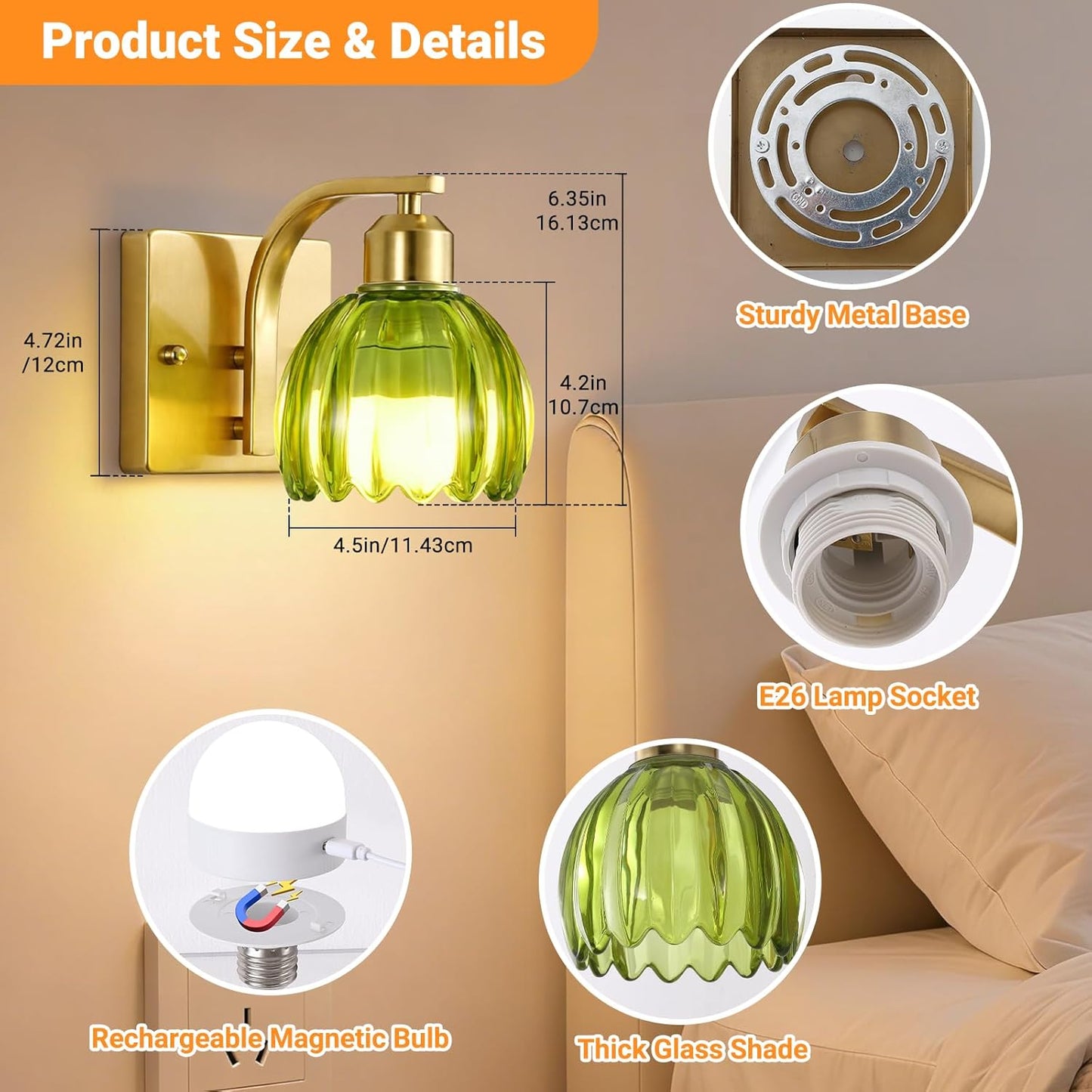 Rechargeable Battery Operated Wall Sconce Set of 2, Wireless Battery Powered Gold Wall Lamps with Green Tulip Glass, Vintage Dimmable Wall Lights with Remote Control for Bedroom Living Room