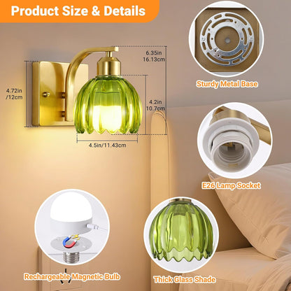 Rechargeable Battery Operated Wall Sconce Set of 2, Wireless Battery Powered Gold Wall Lamps with Green Tulip Glass, Vintage Dimmable Wall Lights with Remote Control for Bedroom Living Room