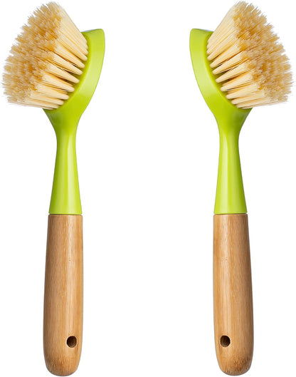 2 Pack Kitchen Dish Brush Bamboo Handle Dish Scrubber Built-in Scraper, Scrub Brush for Pans, Pots, Kitchen Sink Cleaning, Dishwashing and Cleaning Brushes are Perfect Cleaning Tools, White