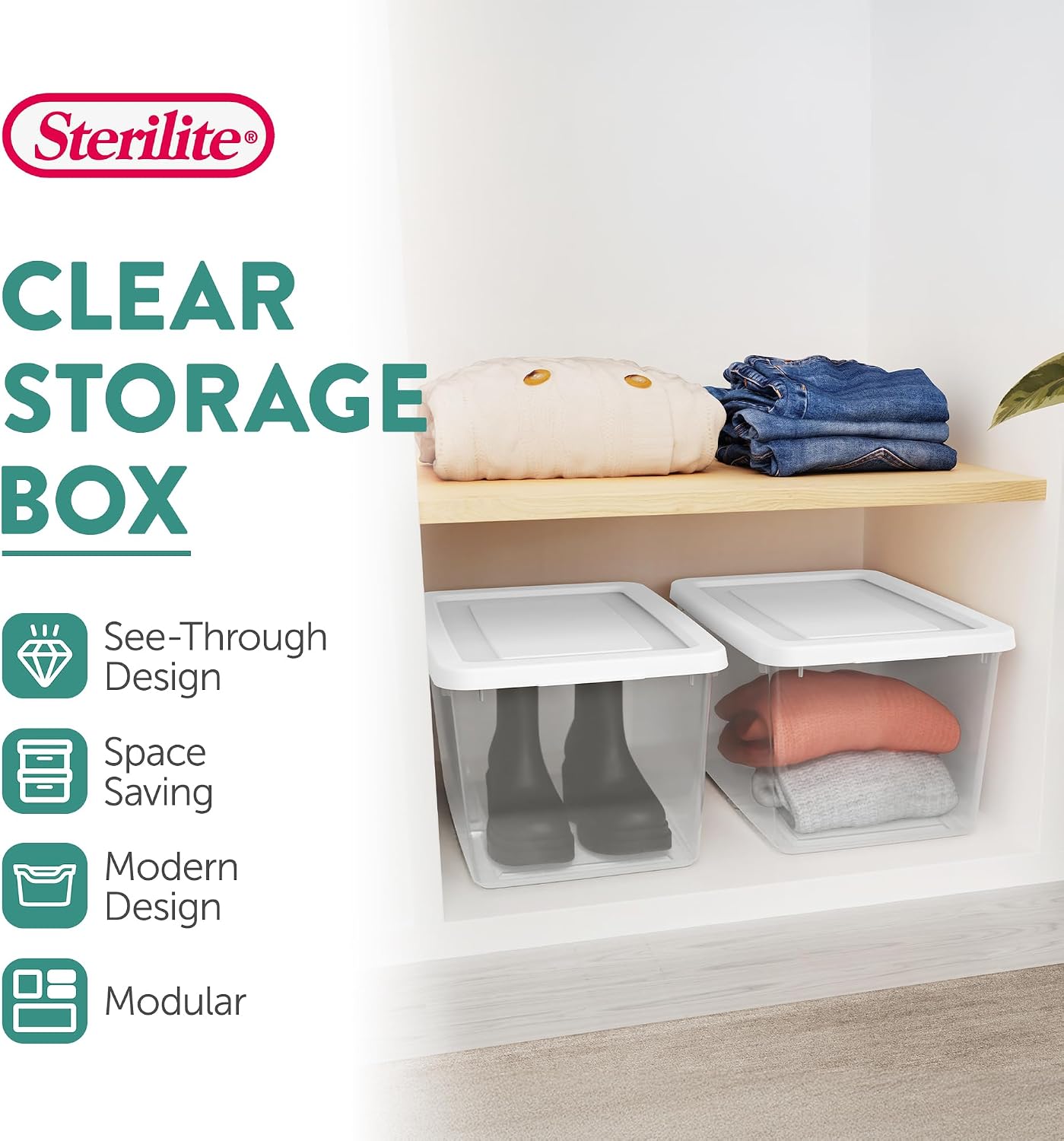 Sterilite 6 Pack Storage Box, 41 Quart Stackable Tote, Clear Plastic Container with Secure Snapping White Lids for Home and Office Organization