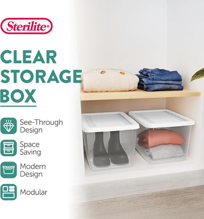 Sterilite 6 Pack Storage Box, 41 Quart Stackable Tote, Clear Plastic Container with Secure Snapping White Lids for Home and Office Organization