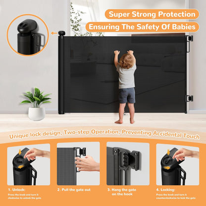 Retractable Baby Gate for Stairs & Doorways, 34" Tall Extends to 55" Wide, Mesh Baby & Pet Gate with Anti-Crawling Hook, Safety Gate for Toddlers, Doorways, Hallways, Indoor, Black