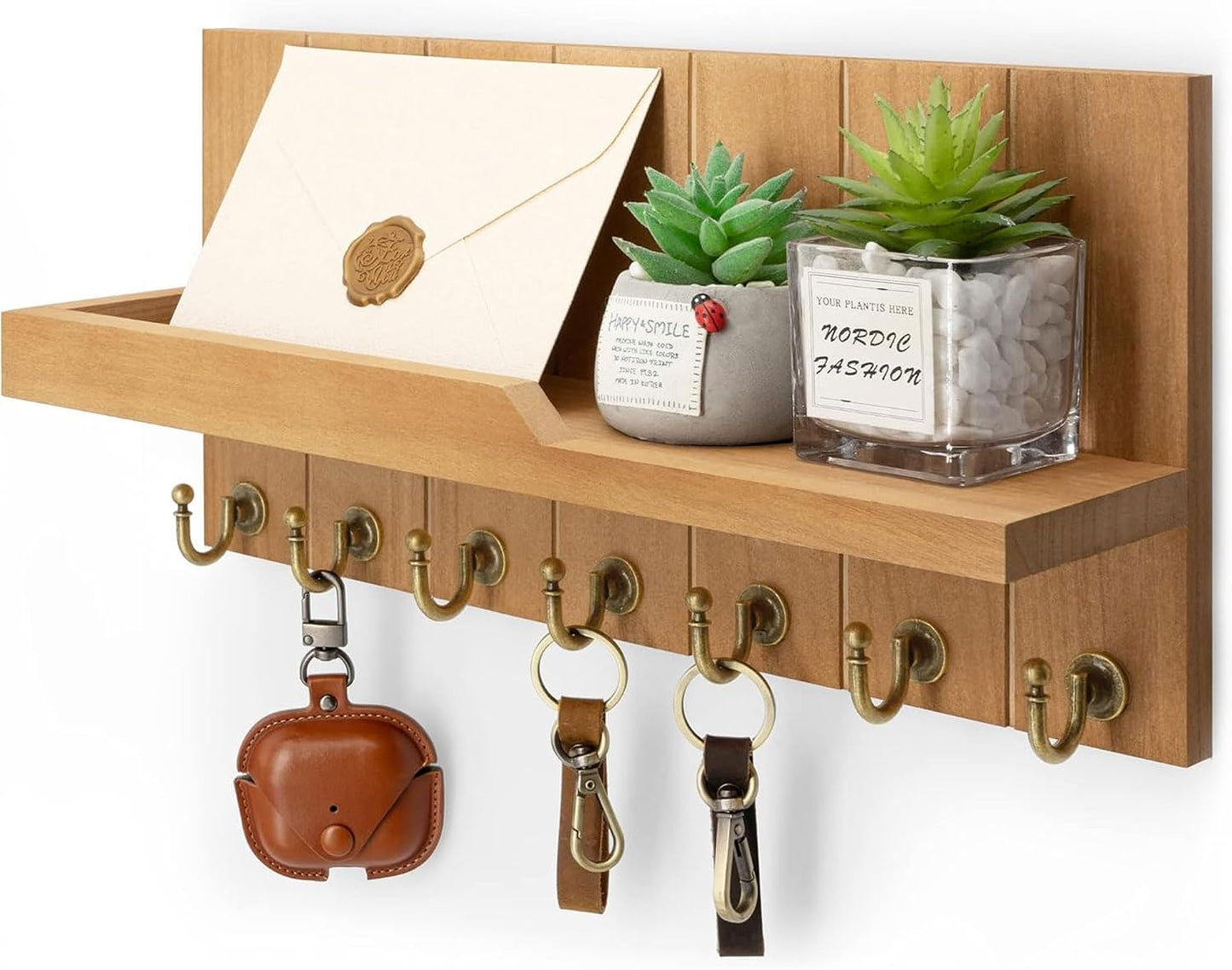 Rebee Vision Decorative Key Holder Wall Mount - Rustic Key Holder for Wall with Shelf and Mail Organizer for Living Room Decor - Home Essentials for Home Improvement (Brown, 3.54" x 10" x 7.28")