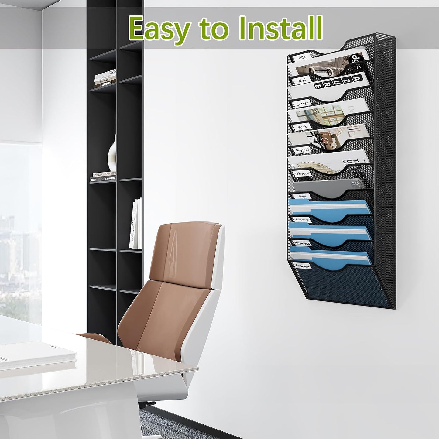 EasyPAG 5 Pocket Mesh Wall File Organizer with Key Hooks, Hanging Paper Folder Holder with Classify Label, Vertical Wall Mount Mail Organizer for Office Home Classroom, Black