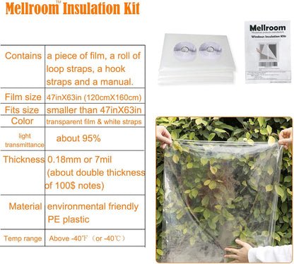 Adjustable Window Insulation Kit 47inX63in(120X160cm) for Winter Keep Cold Out,cuttable Transparent Film 180㎛ Thickness,Easy to Open for Ventilation,Reusable Plastic Window wrap