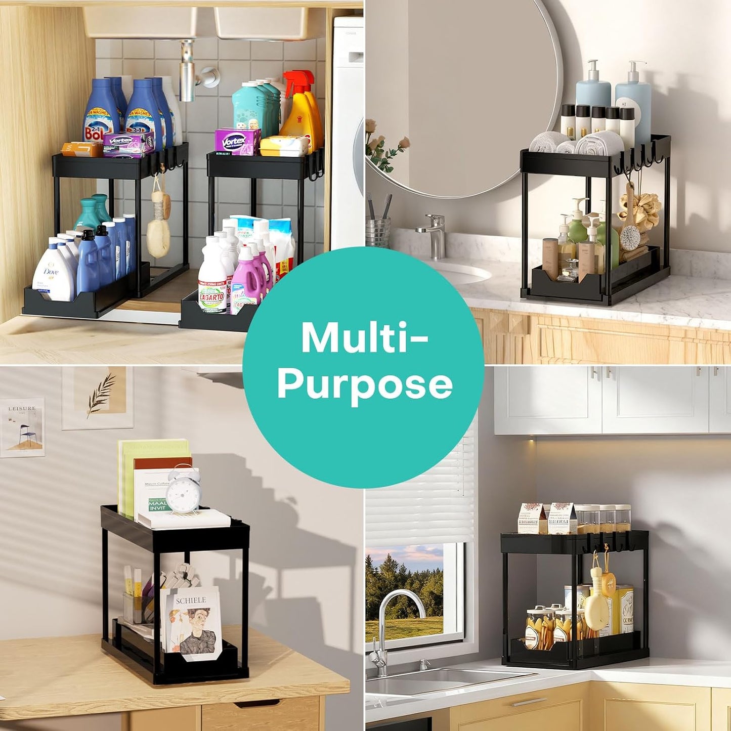 Under Sink Organizers and Storage 2 Pack, Pull-Out Sliding Cabinet Organizer with 2-Tier Storage Shelf & 4 Hooks, Multi-Purpose for Kitchen & Bathroom (13 Inch, White)