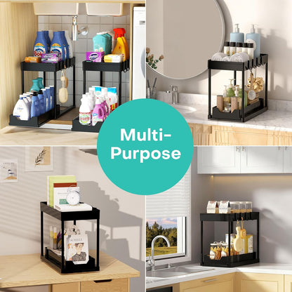 Under Sink Organizers and Storage 2 Pack, Pull-Out Sliding Cabinet Organizer with 2-Tier Storage Shelf & 4 Hooks, Multi-Purpose for Kitchen & Bathroom (13 Inch, White)