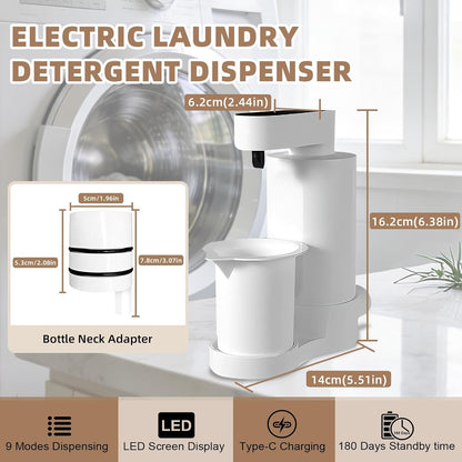 Electric Laundry Detergent Dispenser, USB-C Rechargeable Automatic Laundry Detergent Pump, 9-Level Adjustable, One-Press Dose, for All Liquid Detergent Containers-White