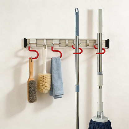 Wall Mounted Mop and Broom Holder Stainless Steel S Type Broom Rack Anti-Slip Mop Organizer (17 Inches,4 Positions 3 Hooks, Red black) (17inch)