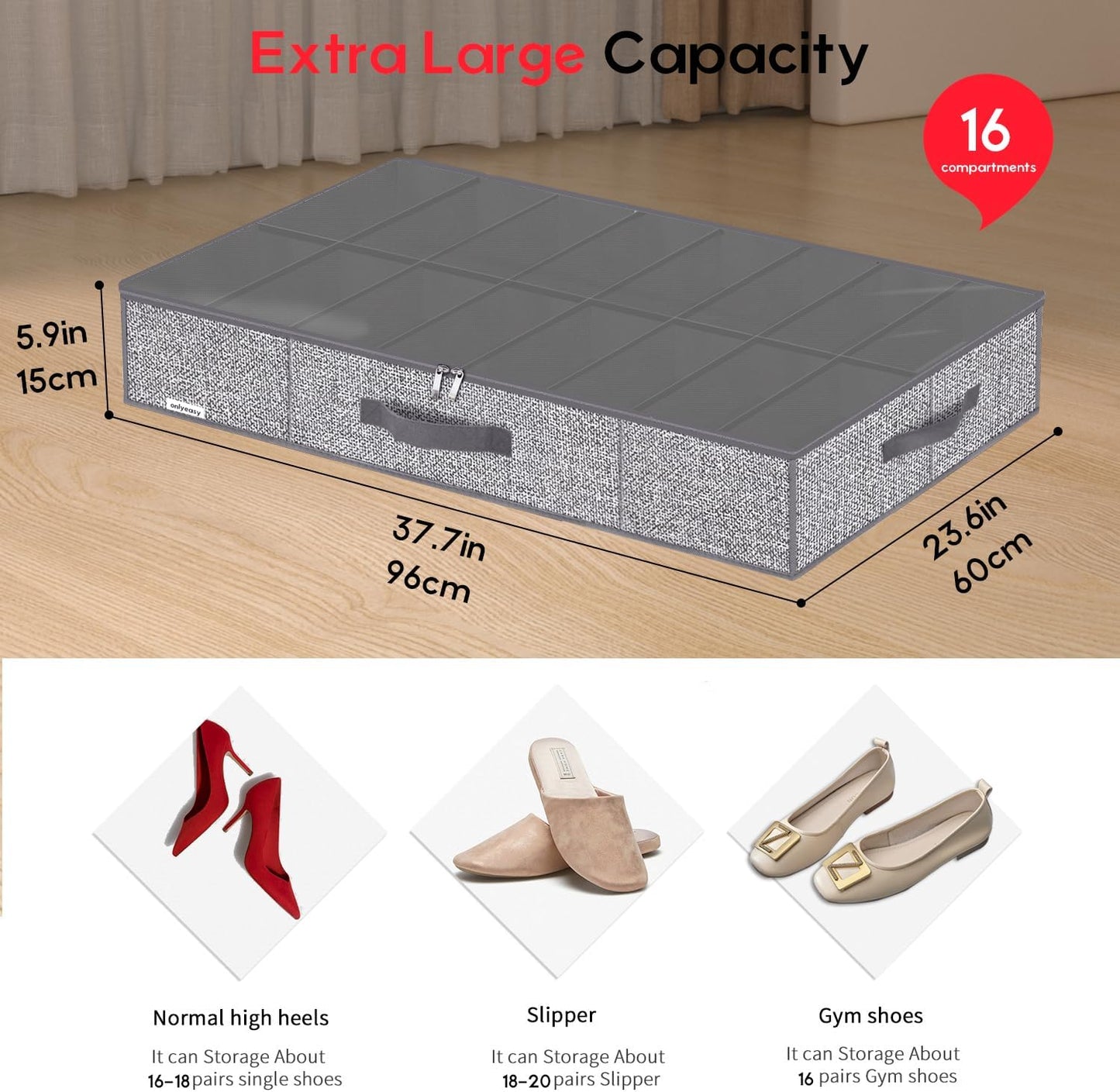 Onlyeasy Sturdy Under Bed Shoe Storage Organizer, Set of 2, Fit 12 to 24 Pairs, Underbed Shoes Closet Storage Solution with Clear Window, Breathable, L29.3 x W23.6 x H5.9, Linen-like Black, MXAUBSB2P