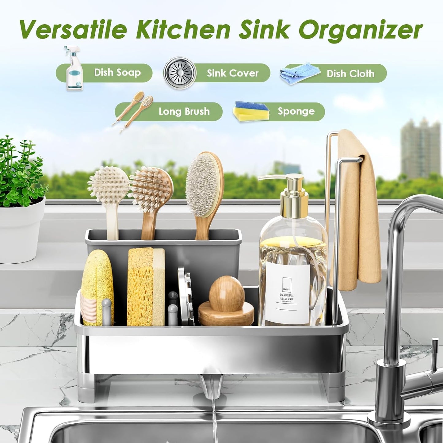 Ewaiira Stainless Steel Sink Caddy, Sponge Holder for Kitchen Sink with Brush Holder and Towel Rack, Sink Organizer for Countertop, Soap Dispenser Kitchen Organizers Storage Essentials (A-Black)