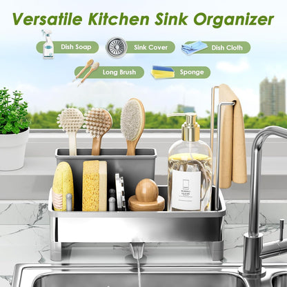 Ewaiira Stainless Steel Sink Caddy, Sponge Holder for Kitchen Sink with Brush Holder and Towel Rack, Sink Organizer for Countertop, Soap Dispenser Kitchen Organizers Storage Essentials (A-Black)