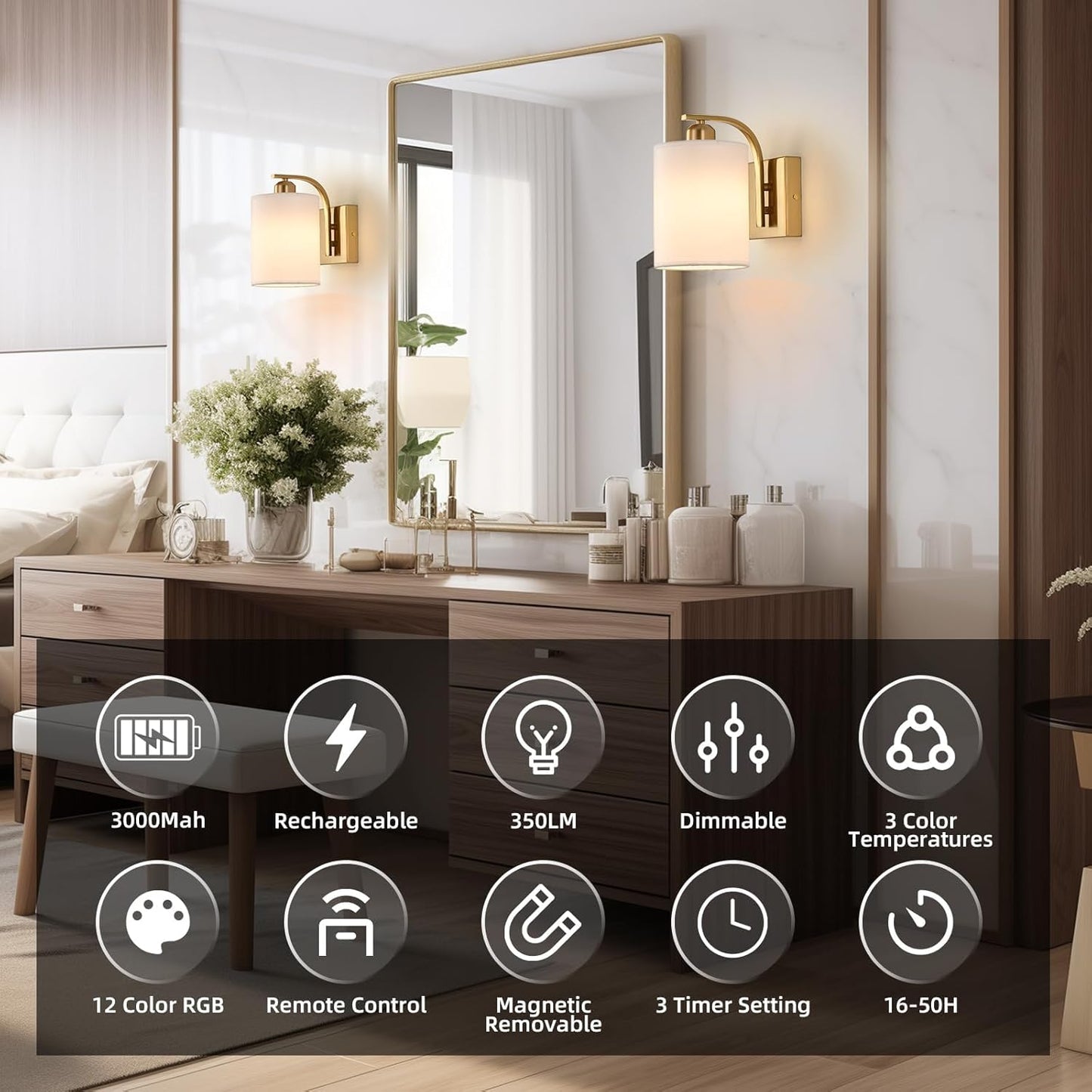 Battery Operated Wall Sconce Set of 2, Gold Rechargeable Wall Lights with Remote Control,15 Colors Wireless Wall Sconce with 3000mAh Dimmable Detachable Bulb for Bedroom, Living Room and Hallway
