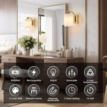 Battery Operated Wall Sconce Set of 2, Gold Rechargeable Wall Lights with Remote Control,15 Colors Wireless Wall Sconce with 3000mAh Dimmable Detachable Bulb for Bedroom, Living Room and Hallway