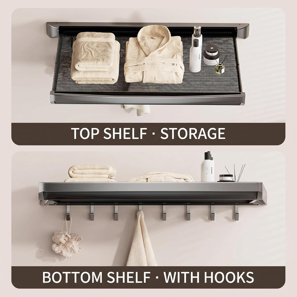 Wall Mount Drying Rack Bathroom Shelf, Retractable Space Saving Organizer with 6 Hooks for Towel Storage, Foldable Laundry Hanging Rack for Kitchen Balcony Bathroom
