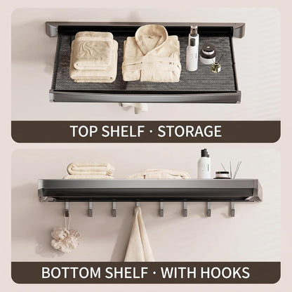 Wall Mount Drying Rack Bathroom Shelf, Retractable Space Saving Organizer with 6 Hooks for Towel Storage, Foldable Laundry Hanging Rack for Kitchen Balcony Bathroom