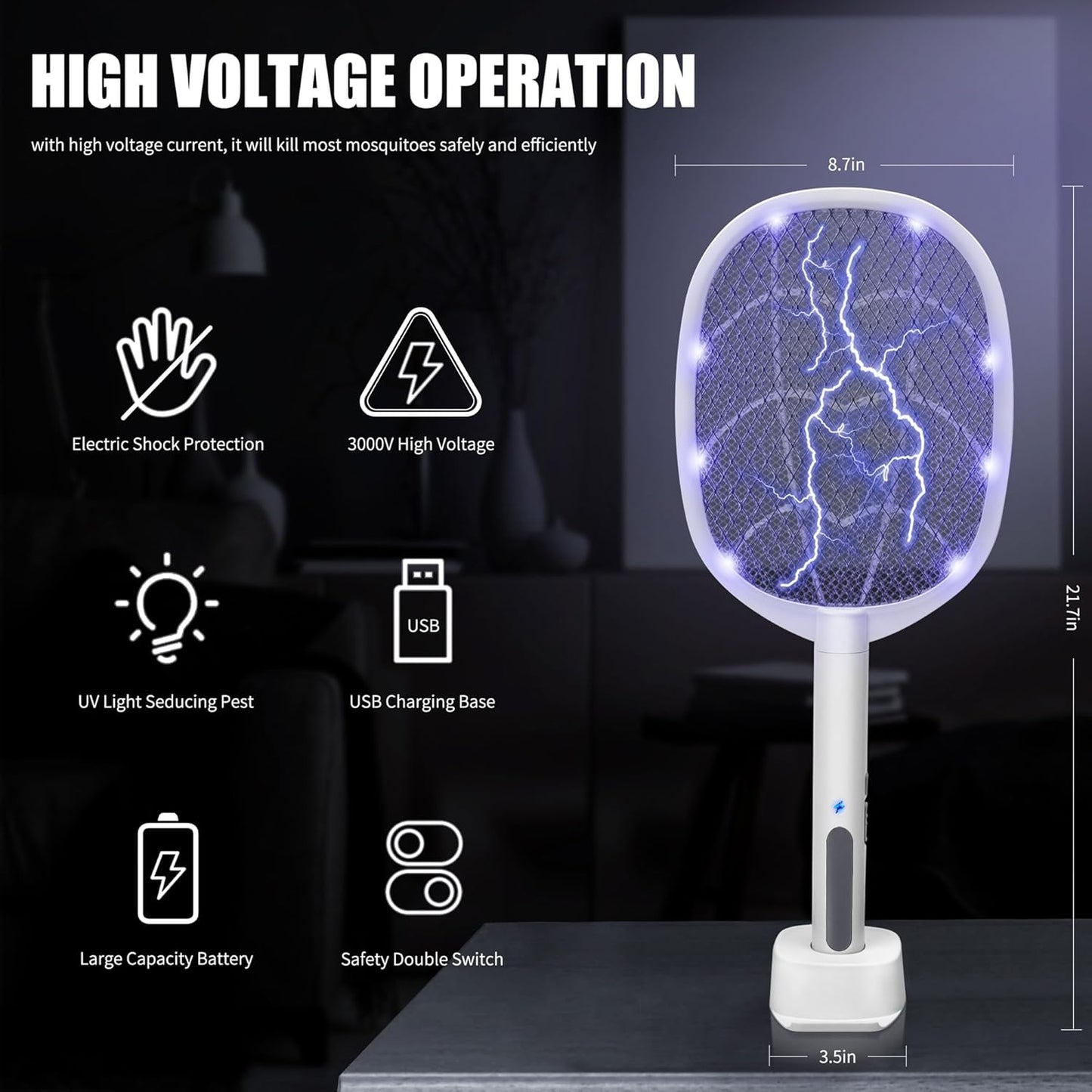 Lulu Home 2-in-1 Electric Bug Zapper Racket, 2 Pack 4000V High Voltage LED Lighted Handheld Mosquito Swatter with 3 Layer Safety Mesh, USB Charging Portable Fly Killer Racquet
