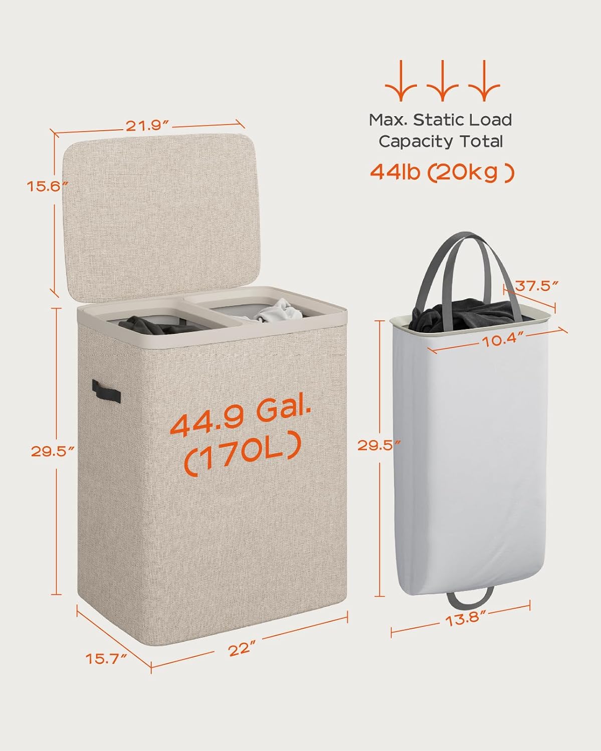 CASAMAYA Laundry Basket with Lid, Laundry Hamper 3 Section, 190L collapsible Laundry Organizer, Easy Assembly, with Handles and Removable Liners, 25.2 x 15.7 x 29.5 Inches, Beige JSP904M