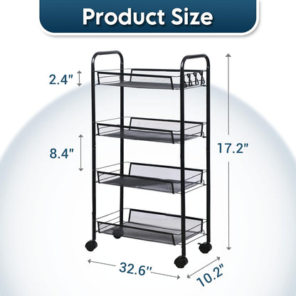 LOFTEY 4 Tier Rolling Storage Cart, Small Metal Utility Cart on Wheels, Rolling Organizer Carts for Kitchen, Bathroom, Laundry Room, Office, Easy No-Tool Assembly, Black