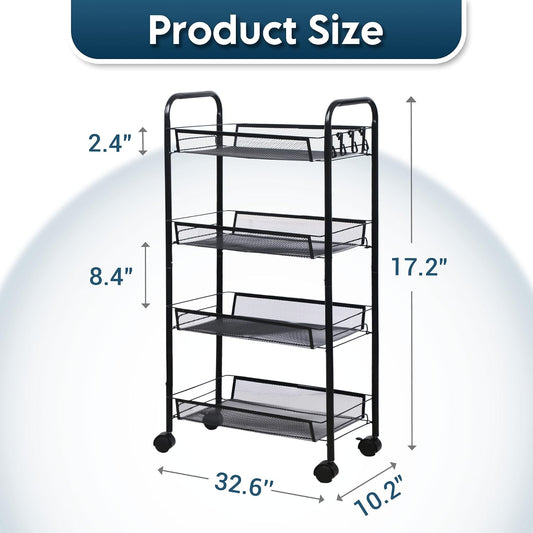 LOFTEY 4 Tier Rolling Storage Cart, Small Metal Utility Cart on Wheels, Rolling Organizer Carts for Kitchen, Bathroom, Laundry Room, Office, Easy No-Tool Assembly, Black