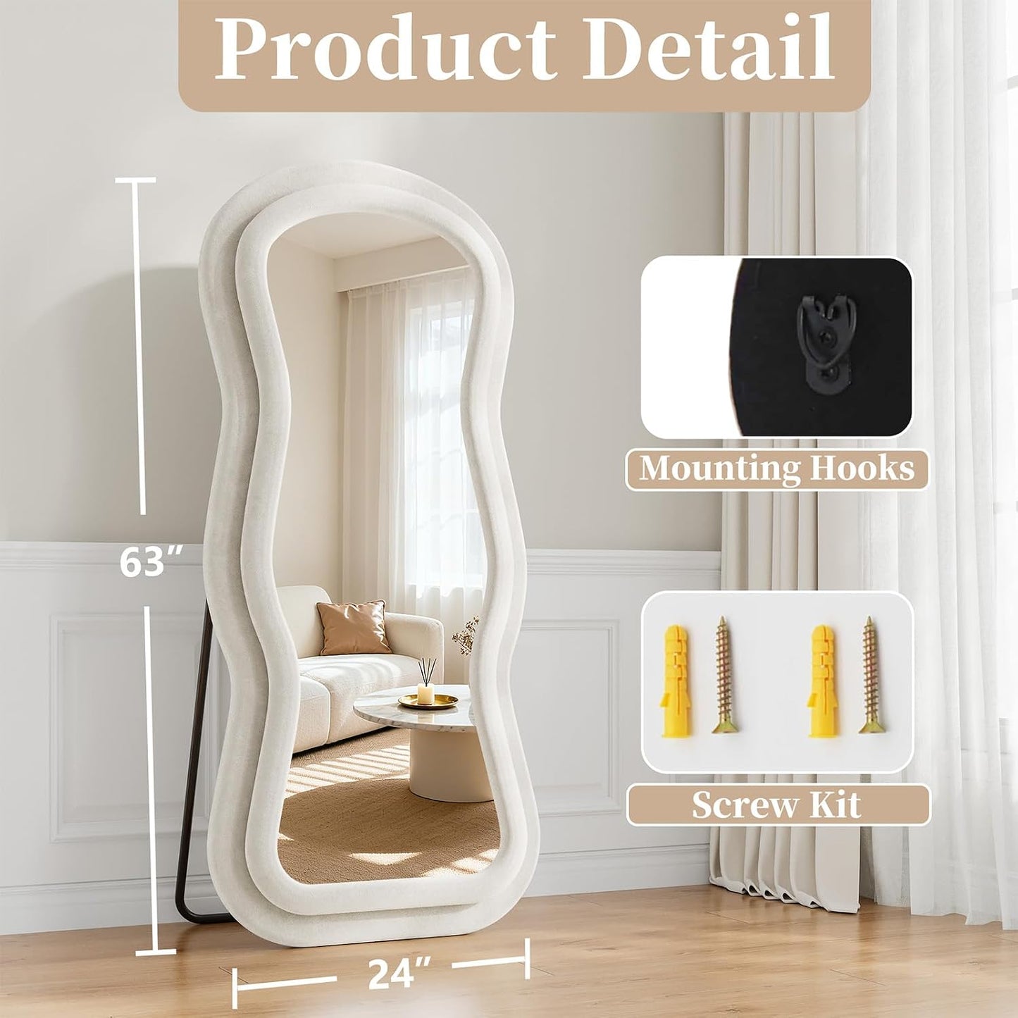71"x32" Flannel Full Length Mirror, Arched Mirrors Full Length with Stand, Flannel Floor Mirror for Bedroom and Living Room, Full Body Mirror Hanging or Leaning, White