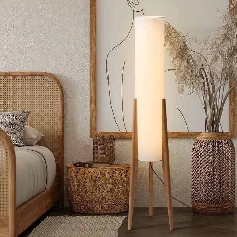 Wabi-sabi 50" Wooden Tripod Floor Lamp Linen Floor Lamp Paper Lantern Inspired Fabric Standing Lamp With E26 3-Color Temperatures Solid Wood Tall Light For Living Room Bedroom (Includes Bulb)