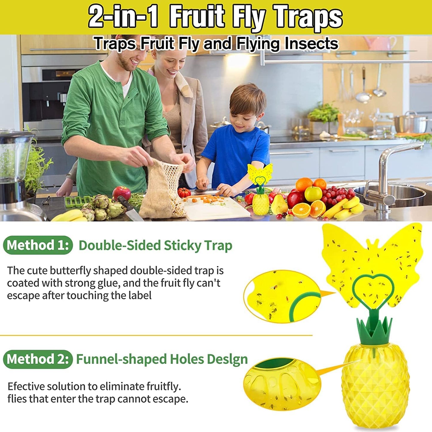 Fruit Fly Trap for Indoors, Effective Fruit Fly Catcher Gnat Killer with Sticker, Gnat Traps for House Indoor with Bait, Non-Toxic Reusable Easy to Use Fly Trap for Kitchen Home - 2 Pack, Clear Yellow