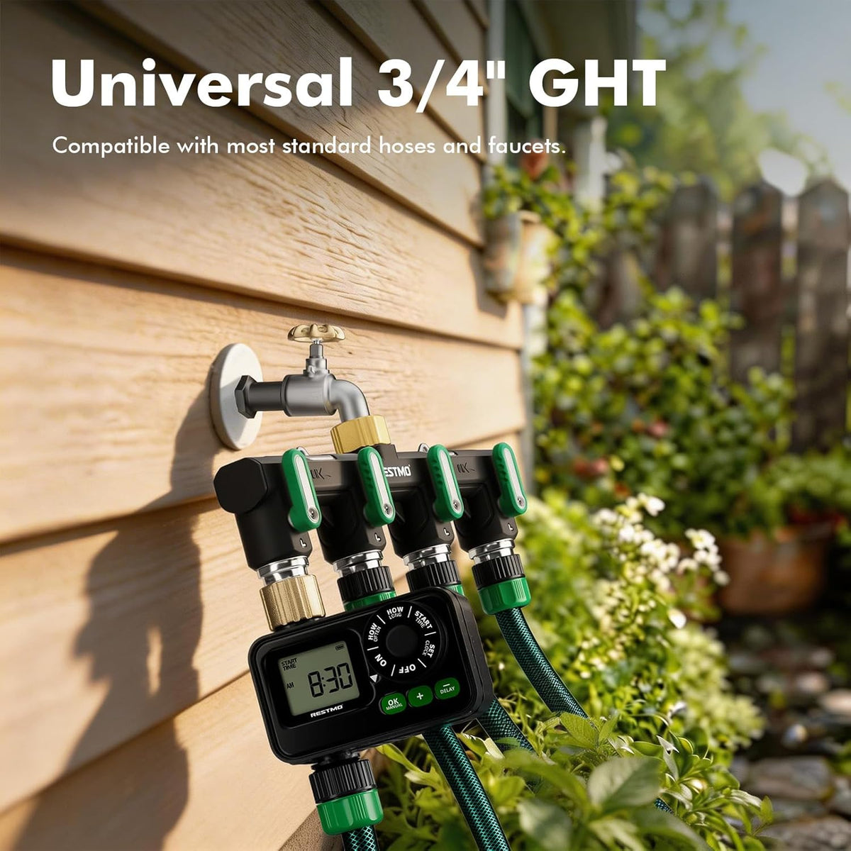 Restmo Garden Hose Splitter, 4 Way Heavy Duty Full Metal Water Spigot Splitter with Shutoff Valve, Outdoor Faucet Spigot Adapter with Extended Levers, 3/4" GHT Thread - Green