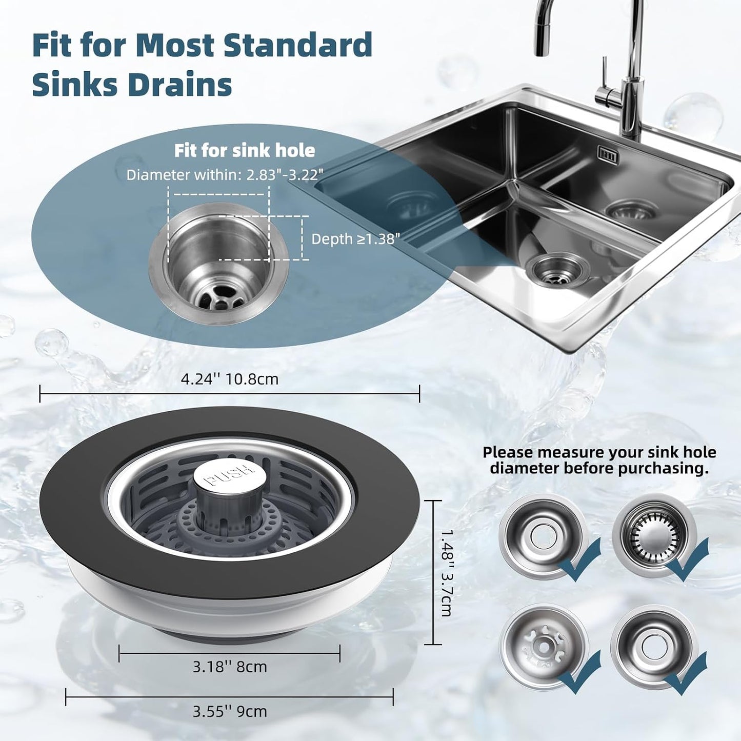 Hibbent Upgraded 3 in 1 Kitchen Sink Drain Strainer, Stainless Steel Pop Up Sink Stopper, Larger Anti-Clogging Basket, 3-Layer Seal, Detachable Drain Plug for US Standard 3-1/2" Drain, Brushed Nickel