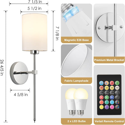 Battery Operated Wall Sconces Set of Two,Wireless Rechargeable Wall Light With Remote Control, Dimmable, Amber Light/Warm White/Natural White/Daylight/RGB, Timer,for Living Room,Bedroom,Entryway,Gold
