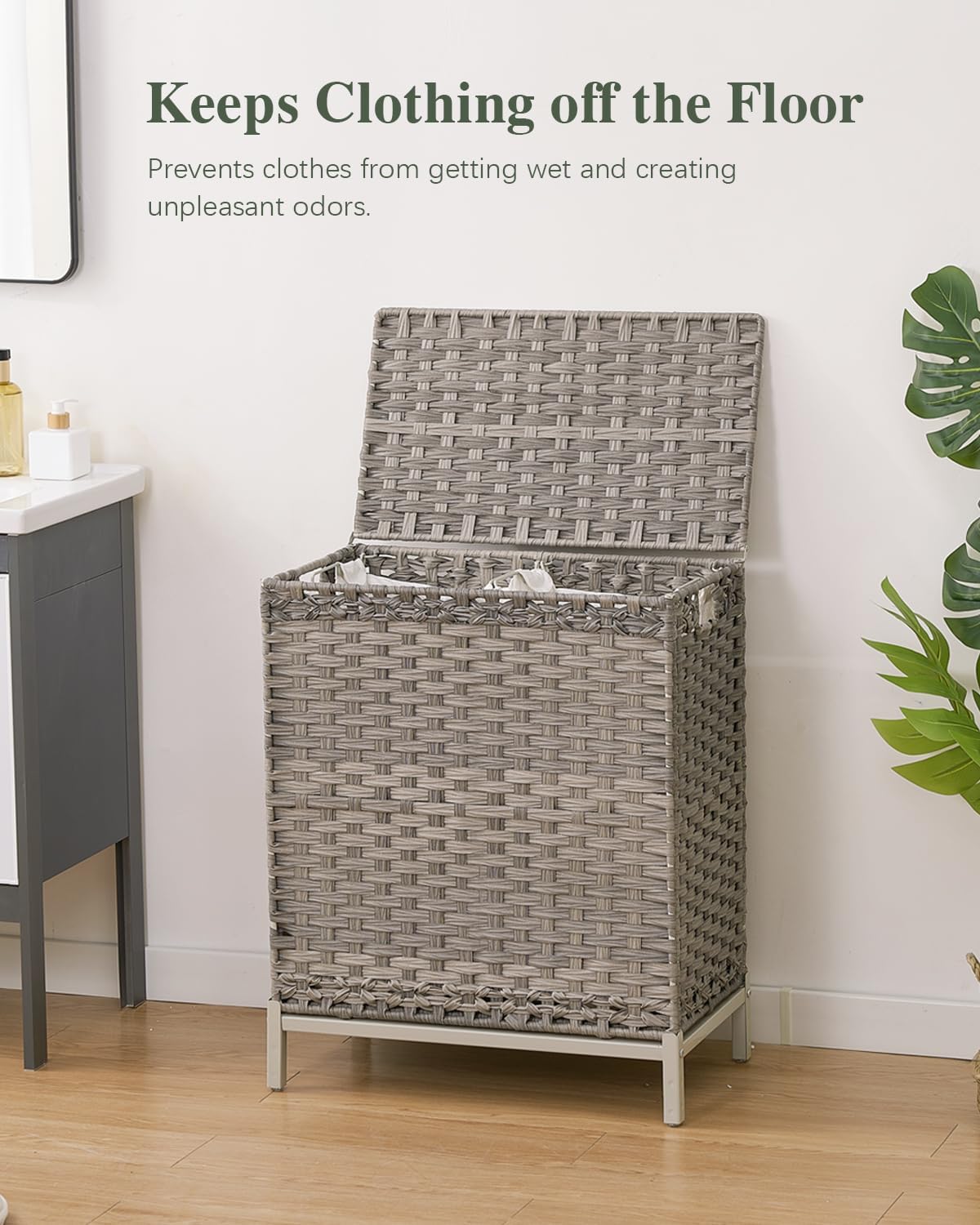 SETVSON Laundry Hamper with Lid 132 L, (35 Gallons) Clothes Hamper with Lid, Handwoven Rattan Laundry Hamper with Metal Heightened Feet, Laundry Hampers with 3 Removable Liner Bags for Laundry-Natural