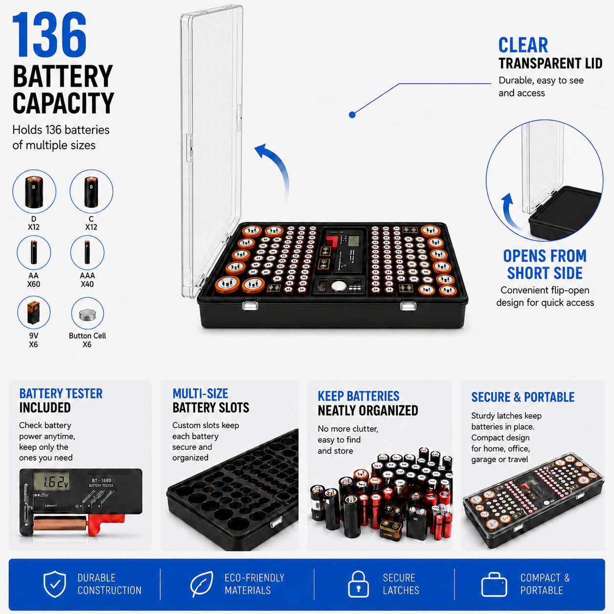 Battery Organizer Storage Case with Tester | Stores & Protects Up to 136 Batteries, Holds AAA AA C D 9V Button Cell with Clear Locking Lid for Home & Garage